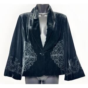 Style & Co Black Velvet Blazer Jacket Size 8 Embroidered 3/4 Bell Sleeve Coat